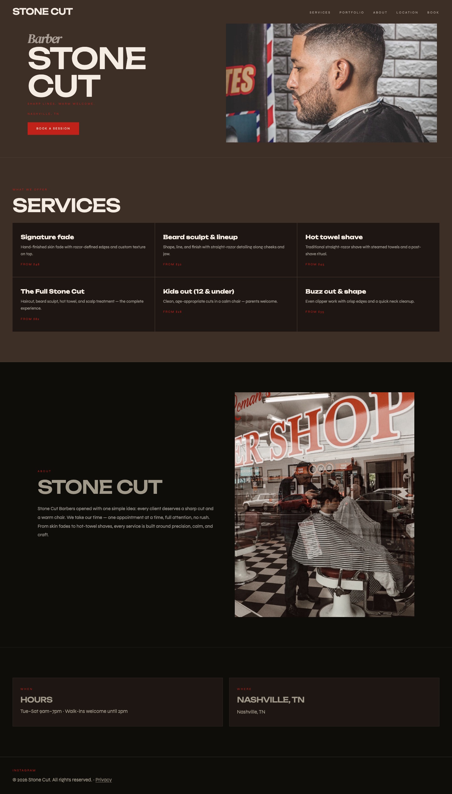 Stonecut template website preview for barbershops and barbers